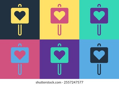 Pop art Map pointer with heart icon isolated on color background. Valentines day. Love location. Romantic map pin.  Vector