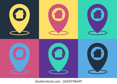 Pop art Map pointer with house icon isolated on color background. Home location marker symbol.  Vector