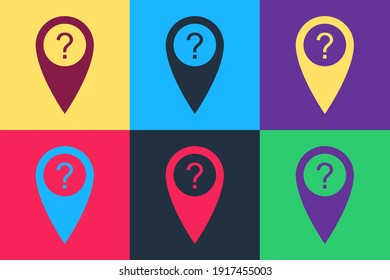 Pop art Map pointer with Question symbol icon isolated on color background. Marker location sign. For location maps. Index location on map. Vector.