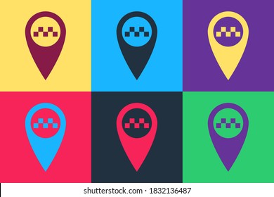 Puntero Mapa de arte pop con icono de taxi aislado en el fondo de color. Vector.