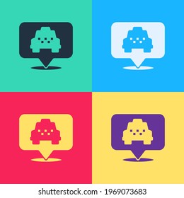 Pop art Map pointer with taxi icon isolated on color background. Location symbol.  Vector