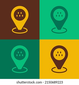 Pop art Map pointer with taxi car icon isolated on color background. Location symbol.  Vector