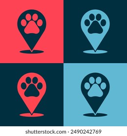 Pop art Map pointer with veterinary medicine hospital, clinic or pet shop for animals icon isolated on color background. Vet or veterinarian clinic.  Vector