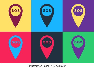 Pop art Marker location with SOS icon isolated on color background. SOS call location marker. Map pointer sign. SOS pinpoint sign with text. Vector.