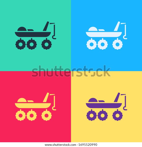 Pop art Mars rover icon isolated on color\
background. Space rover. Moonwalker sign. Apparatus for studying\
planets surface.  Vector\
Illustration