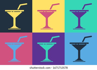 Pop art Martini glass icon isolated on color background. Cocktail icon. Wine glass icon.  Vector Illustration