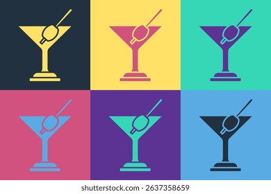 Pop art Martini glass icon isolated on color background. Cocktail icon. Wine glass icon.  Vector