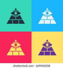 Pop art Masons symbol All-seeing eye of God icon isolated on color background. The eye of Providence in the triangle.  Vector Illustration
