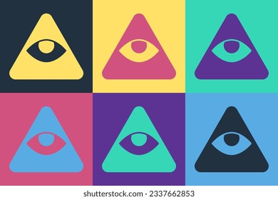 Pop art Masons symbol All-seeing eye of God icon isolated on color background. The eye of Providence in the triangle.  Vector