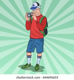 Pop Art Mature Man Taking Picture with Photo Camera. Senior Tourist. Vector illustration