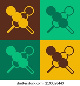 Pop art Meatballs on wooden stick icon isolated on color background. Skewer with meat.  Vector