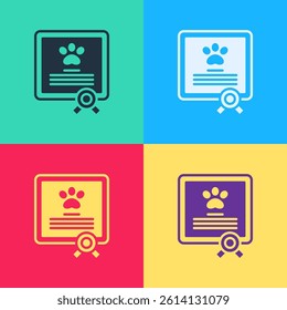 Pop art Medical certificate for travel with dog or cat icon isolated on color background. Document for pet. Dog or cat paw print.  Vector