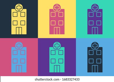 Pop art Medical hospital building with cross icon isolated on color background. Medical center. Health care.  Vector Illustration