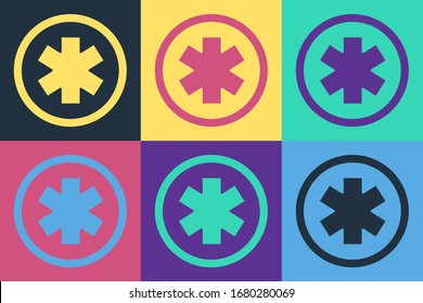 Pop art Medical symbol of the Emergency - Star of Life icon isolated on color background.  Vector Illustration