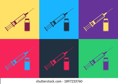 Pop art Medical syringe with needle and vial or ampoule icon isolated on color background. Vaccination, injection, vaccine, insulin concept. Vector.
