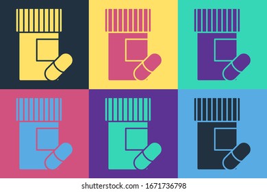 Pop art Medicine bottle and pills icon isolated on color background. Bottle pill sign. Pharmacy design.  Vector Illustration