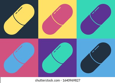 Pop art Medicine pill or tablet icon isolated on color background. Capsule pill and drug sign. Pharmacy design.  Vector Illustration