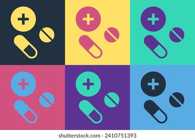 Pop art Medicine pill or tablet icon isolated on color background. Capsule pill and drug sign. Pharmacy design.  Vector