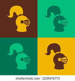 Pop art Medieval iron helmet for head protection icon isolated on color background. Knight helmet.  Vector