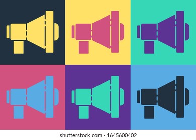 Pop art Megaphone icon isolated on color background. Loud speach alert concept. Bullhorn for Mouthpiece scream promotion.  Vector Illustration