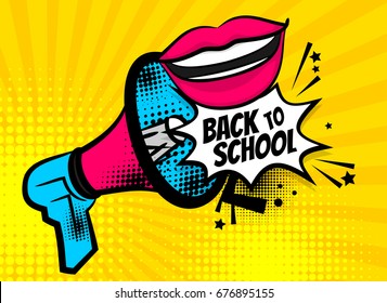 Pop art megaphone pink wow woman smile lips back to school. Comics book balloon. Bubble icon speech phrase. Cartoon girl lipstick label tag expression. Comic text sound effects. Vector illustration.