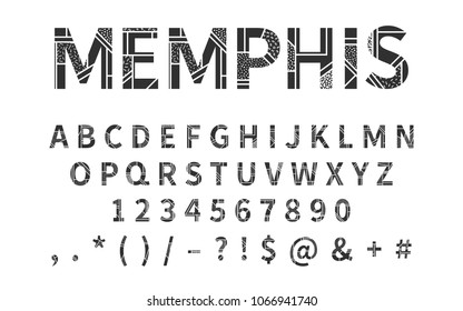 Pop art memphis style font for title, header, lettering, poster, logo, banner, art and craft design. Regular display letters, numbers, punctuation. Retro typography design element. Vector illustration