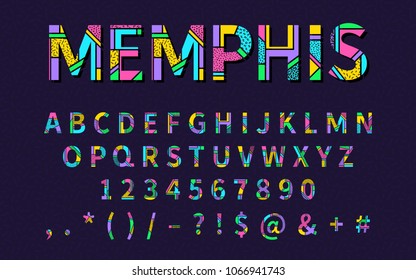 Pop art memphis style font for title, header, lettering, poster, logo, banner, art and craft design. Regular display letters, numbers, punctuation. Retro typography design element. Vector illustration