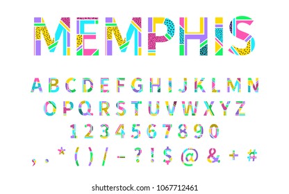 Pop art memphis style font for title, header, lettering, poster, logo, banner, art and craft design. Regular display letters, numbers, punctuation. Retro typography design element. Vector illustration