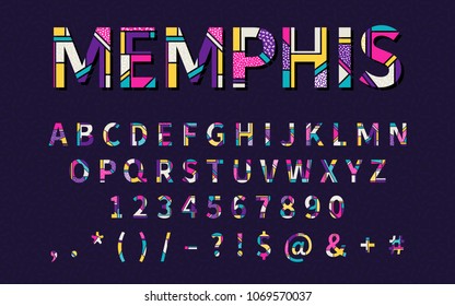 Pop Art Memphis Style Font For Title, Header, Lettering, Poster, Logo, Banner, Art And Craft Design. Regular Display Letters, Numbers, Punctuation. Retro Typography Design Element. Vector Illustration