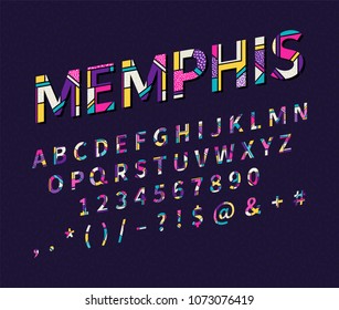 Pop art memphis style font for title, header, lettering, poster, logo, banner, art and craft design. Regular display letters, numbers, punctuation. Retro typography design element. Vector illustration