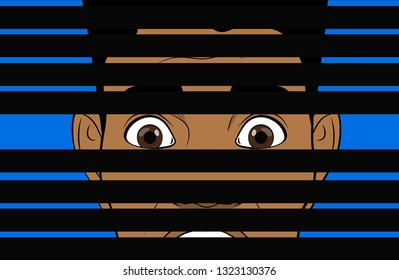 Pop art men spies through the crack of blinds. Men's eyes. Advertising poster. Top secret. Vector illustration in comic style
