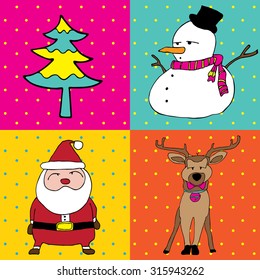 Pop Art Merry Christmas elements Christmas tree,Santa Claus, reindeer, snowman