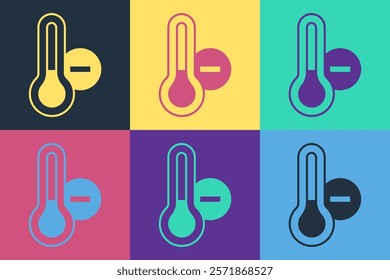 Pop art Meteorology thermometer measuring icon isolated on color background. Thermometer equipment showing hot or cold weather.  Vector