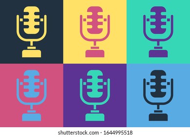 Pop art Microphone icon isolated on color background. On air radio mic microphone. Speaker sign.  Vector Illustration