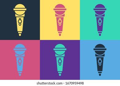 Pop art Microphone icon isolated on color background. On air radio mic microphone. Speaker sign.  Vector Illustration
