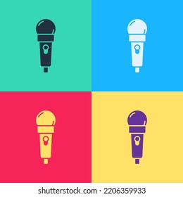 Pop art Microphone icon isolated on color background. On air radio mic microphone. Speaker sign.  Vector