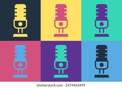 Pop art Microphone icon isolated on color background. On air radio mic microphone. Speaker sign.  Vector