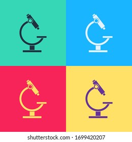 Pop art Microscope icon isolated on color background. Chemistry, pharmaceutical instrument, microbiology magnifying tool.  Vector Illustration