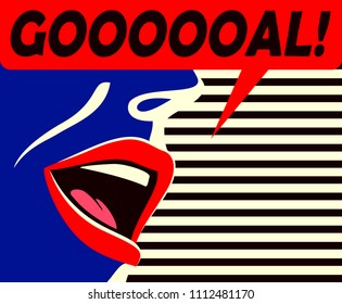 Pop art minimal style mouth of cheering football supporter shouting goal celebrating score by his team with speech bubble flat design vector illustration