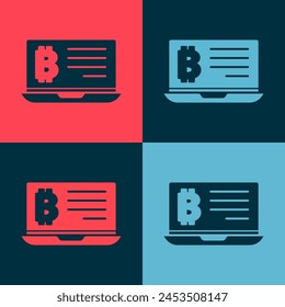 Pop art Mining bitcoin from laptop icon isolated on color background. Cryptocurrency mining, blockchain technology service.  Vector
