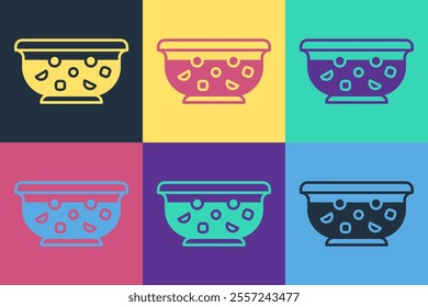 Pop art Mixed punch with fresh fruits in bowl icon isolated on color background.  Vector Illustration