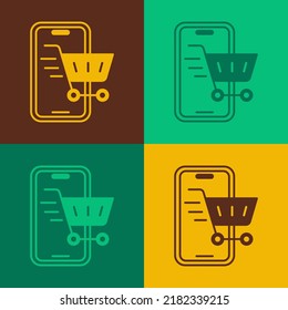 Pop art Mobile phone and shopping cart icon isolated on color background. Online buying symbol. Supermarket basket symbol.  Vector