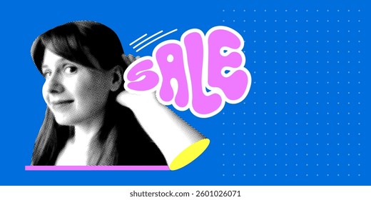 Colagem moderna da arte pop. Banner da venda. A mulher colocou a mão no ouvido e ouviu a palavra Sale. Banner publicitário com espaço para cópia. Conceito de compras