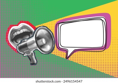 Pop art modern collage with screaming mouth and bullhorn. Halftone newspaper elements. Advertising banner with megaphone and copy space.