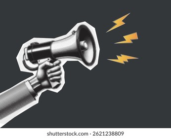 Pop art modern collage with screaming mouth and bullhorn. Halftone newspaper elements. Advertising banner with megaphone and copy space. Announcement banner of news, sales. Loudspeaker announces