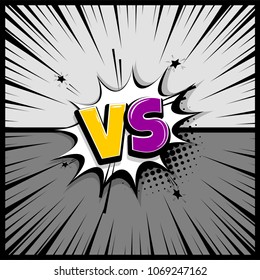 Pop art monochrome manga backdrop mockup. Vector illustration halftone dot. Fight  boom explosion. Speech bubble box balloon. Versus comic text. Comics book empty colored template background.