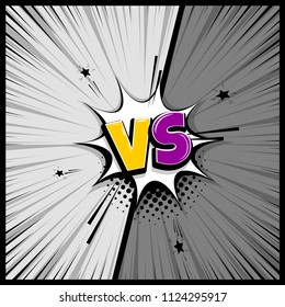 Pop art monochrome manga backdrop mockup. Vector illustration halftone dot. Fight  boom explosion. Speech bubble box balloon. Versus comic text. Comics book empty colored template background.