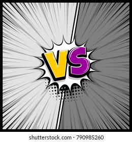 Pop art monochrome manga backdrop mockup. Vector illustration halftone dot. Fight  boom explosion. Speech bubble box balloon. Versus comic text. Comics book empty colored template background.