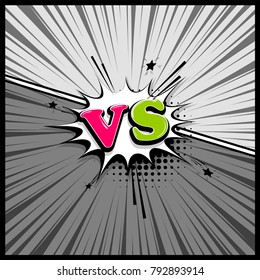 Pop art monochrome manga backdrop mockup. Vector illustration halftone dot. Fight  boom explosion. Speech bubble box balloon. Versus comic text. Comics book empty colored template background.