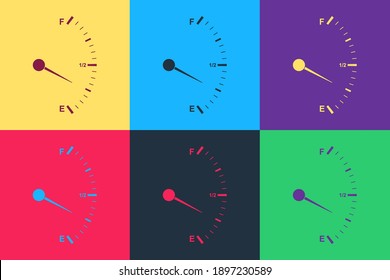 Pop art Motor gas gauge icon isolated on color background. Empty fuel meter. Full tank indication. Vector.